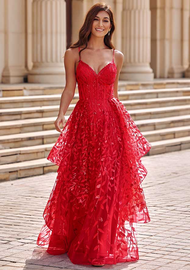A-line V-Neck Floor-Length Sequins Lace Floral Ruffled Prom Dress