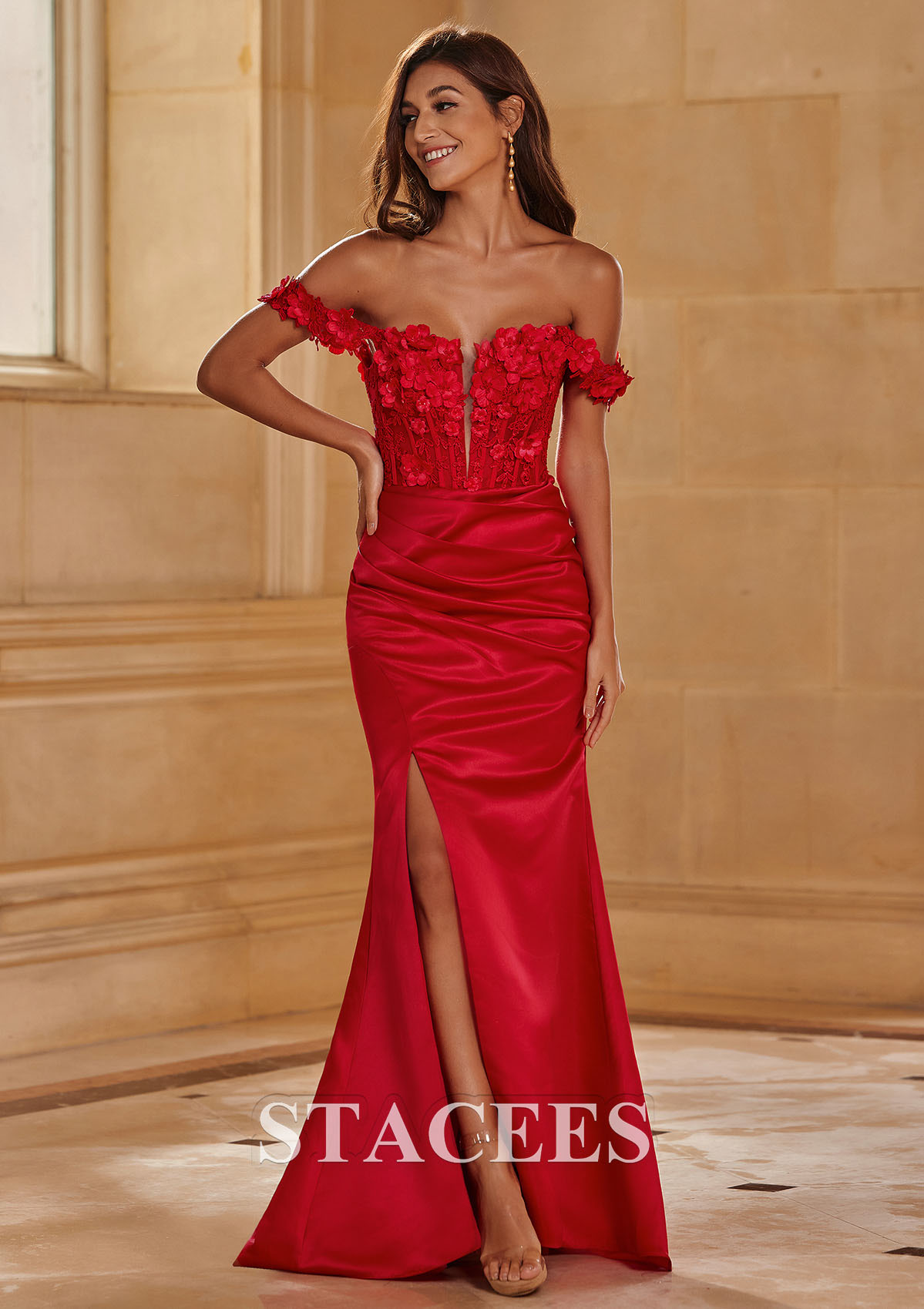 Red Trumpet/Mermaid Off-the-Shoulder Satin Sweep Train Prom Dress with Appliqued Beading Flowers Pleated Split - STACEES