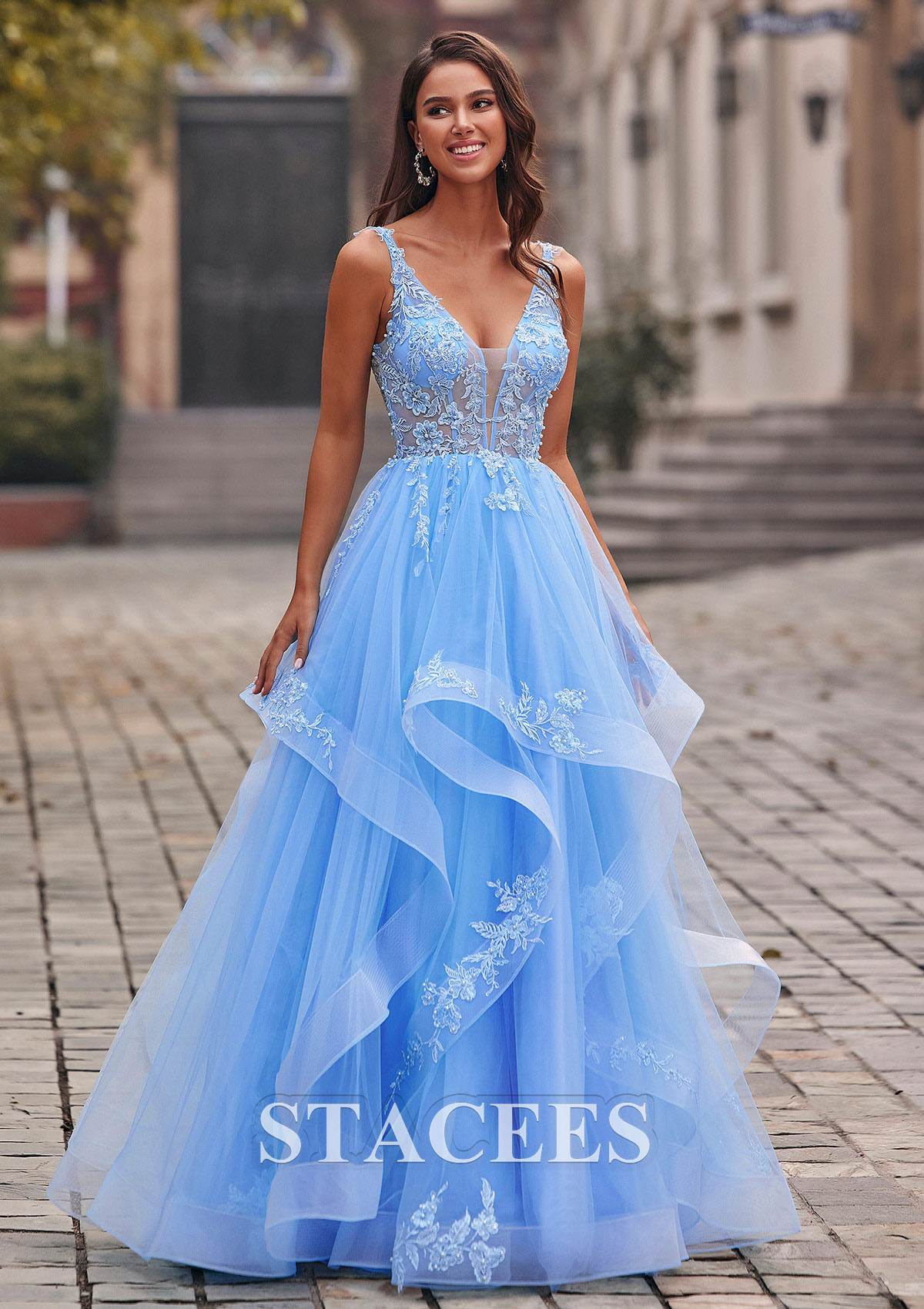blue layered prom dress Stacees 2026 A-line Ball Gown Puffy Layered Tulle Prom Dress Lace Applique