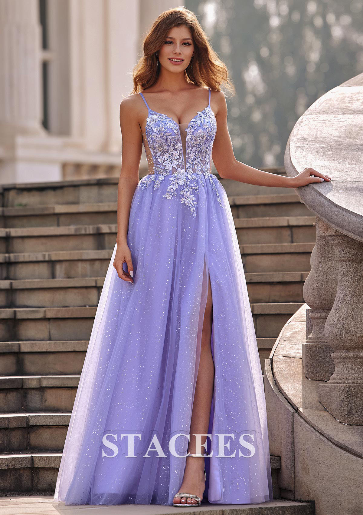 Lavender A-line V Neck Tulle Sweep Train Prom Dress with Appliqued Beading Flowers Sequins Split Glitter
