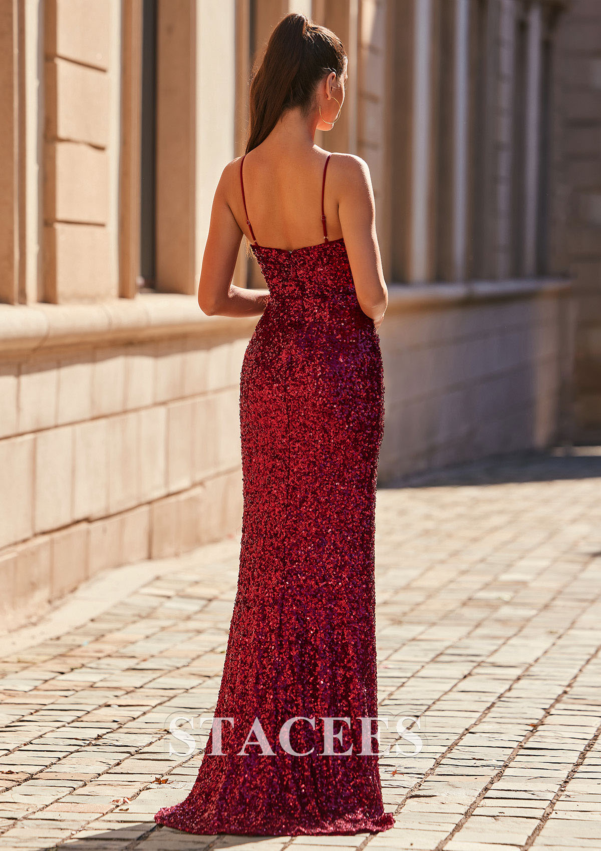 Burgundy Sheath V Neck Sequins Cut out Slit Sweep Train Prom Dress - STACEES