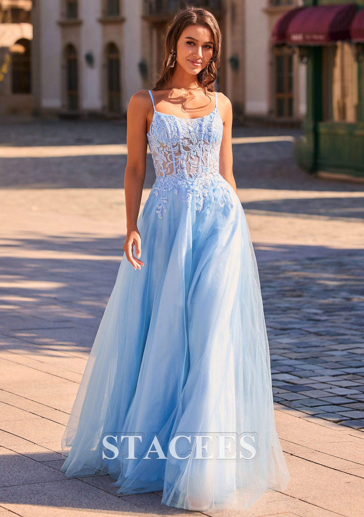 Azul Cielo Vestido línea a escote redondo tul hasta el suelo vestido de graduación - STACEES