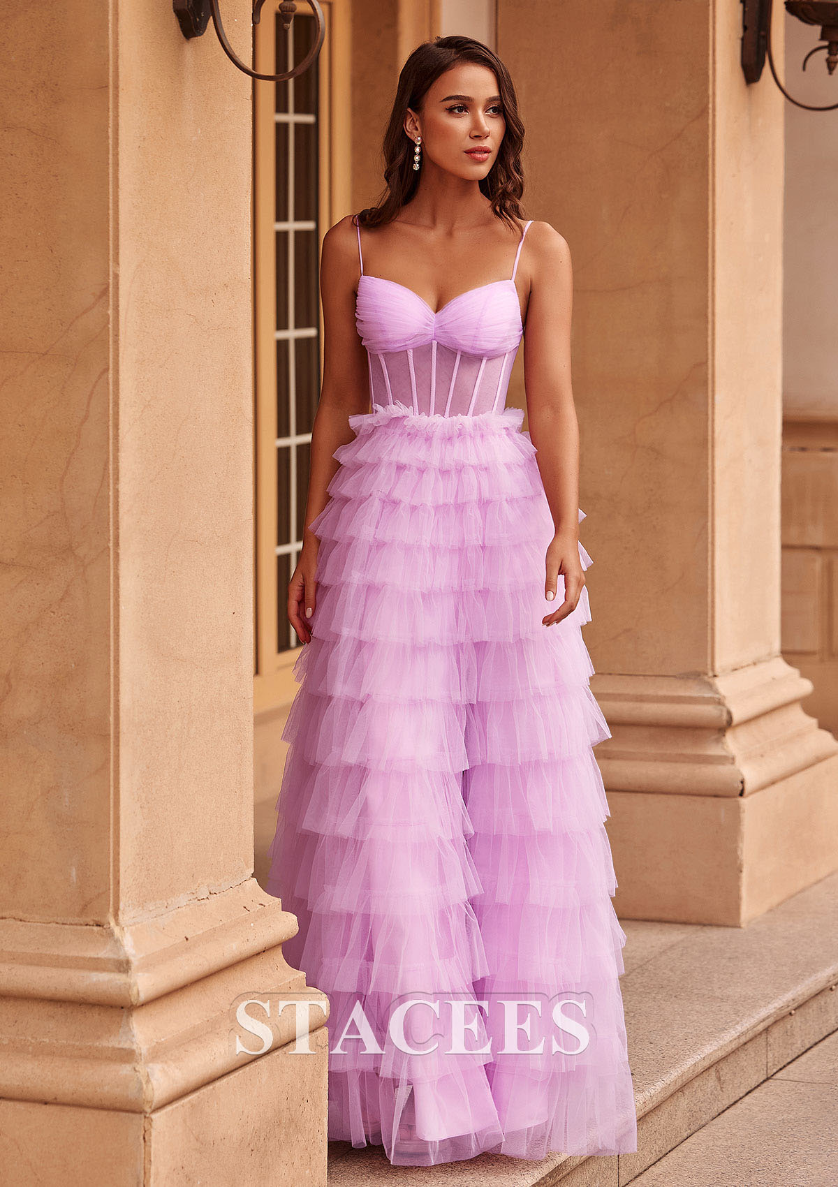 Lilac A-line V Neck Illusion Corset Ruffled Prom Dress with Slit - STACEES