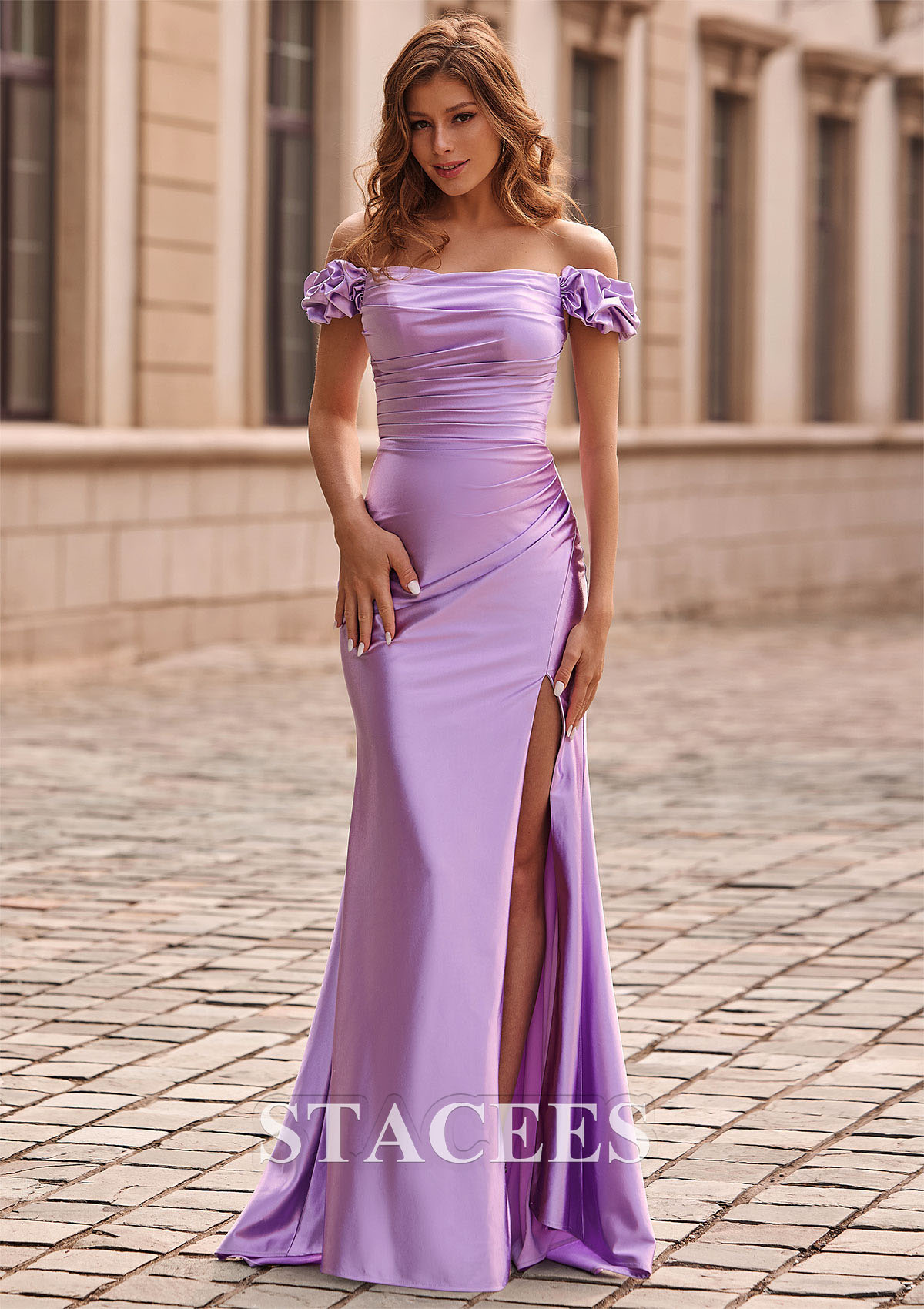 Lilac Mermaid Ruffled Off-the-Shoulder Slit Prom Dress with Puff Sleeves - STACEES