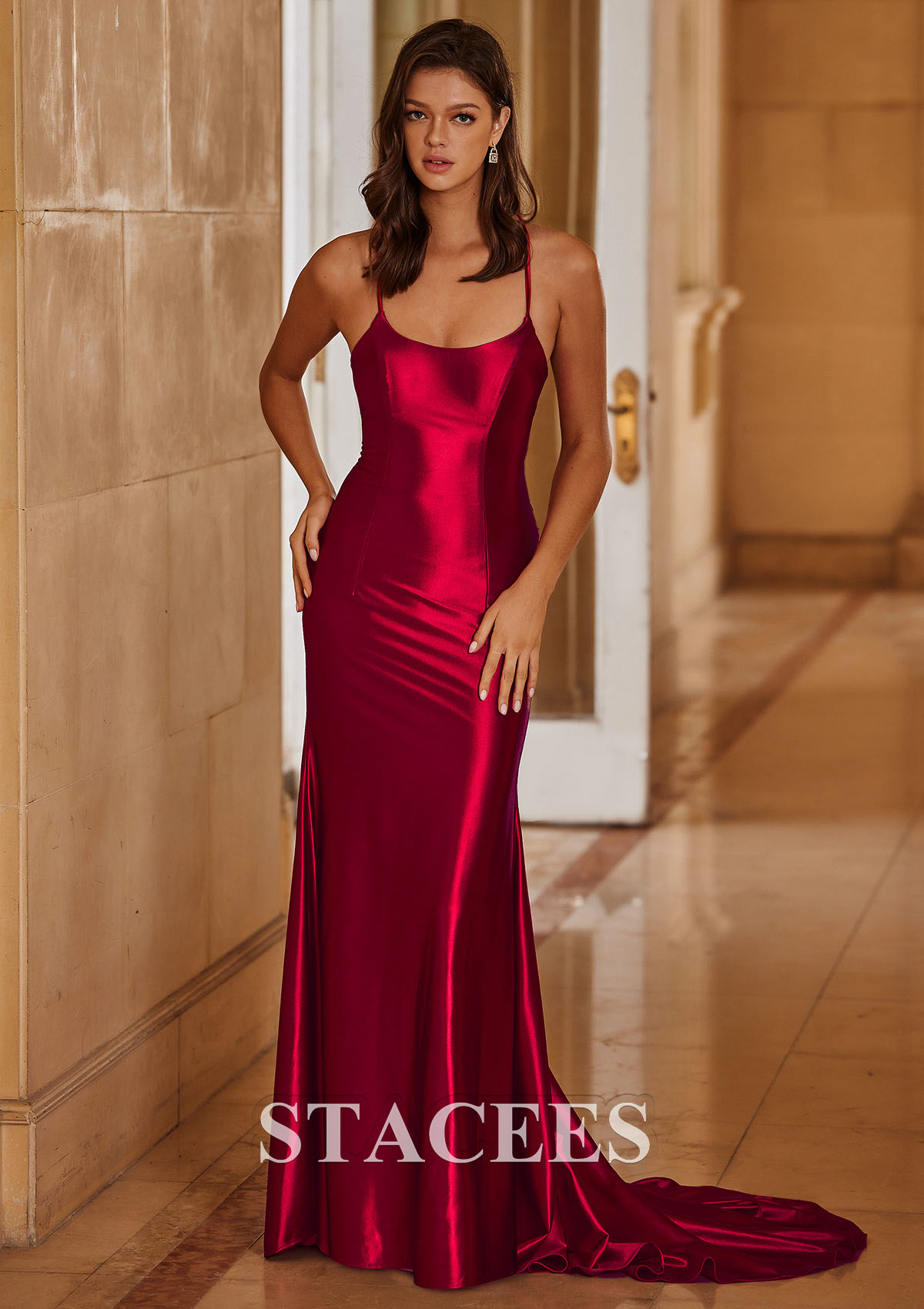 trumpet mermaid scoop neck dress Stacees 2026 Mermaid Burgundy-toned Spaghetti Straps Pleated Prom Dress