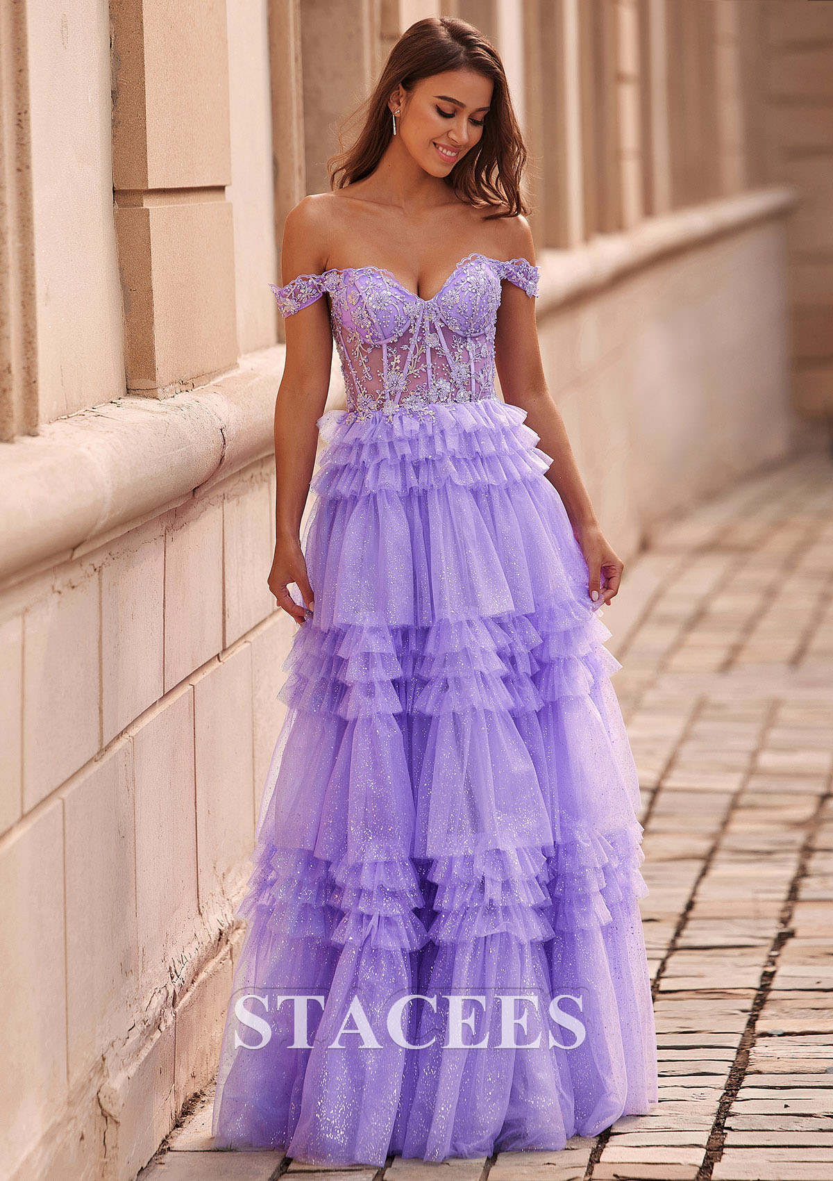 Lilac A-line Applique Off-the-Shoulder Corset Ruffle Tiered Glitter Tulle Prom Dress
