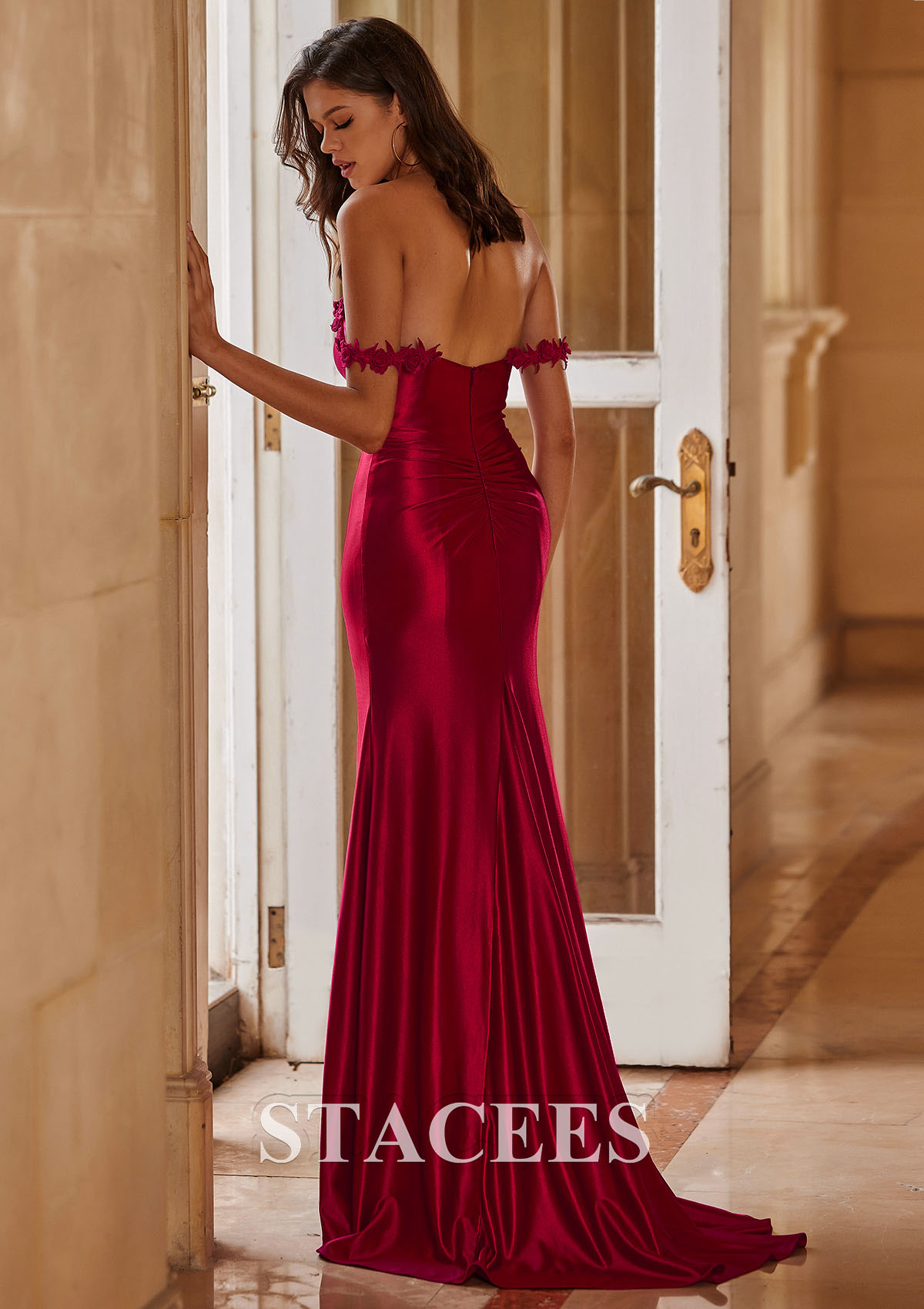 Burgundy Fitted Silky Stretched Satin Prom Dress with Rosette Embellished Straps - STACEES