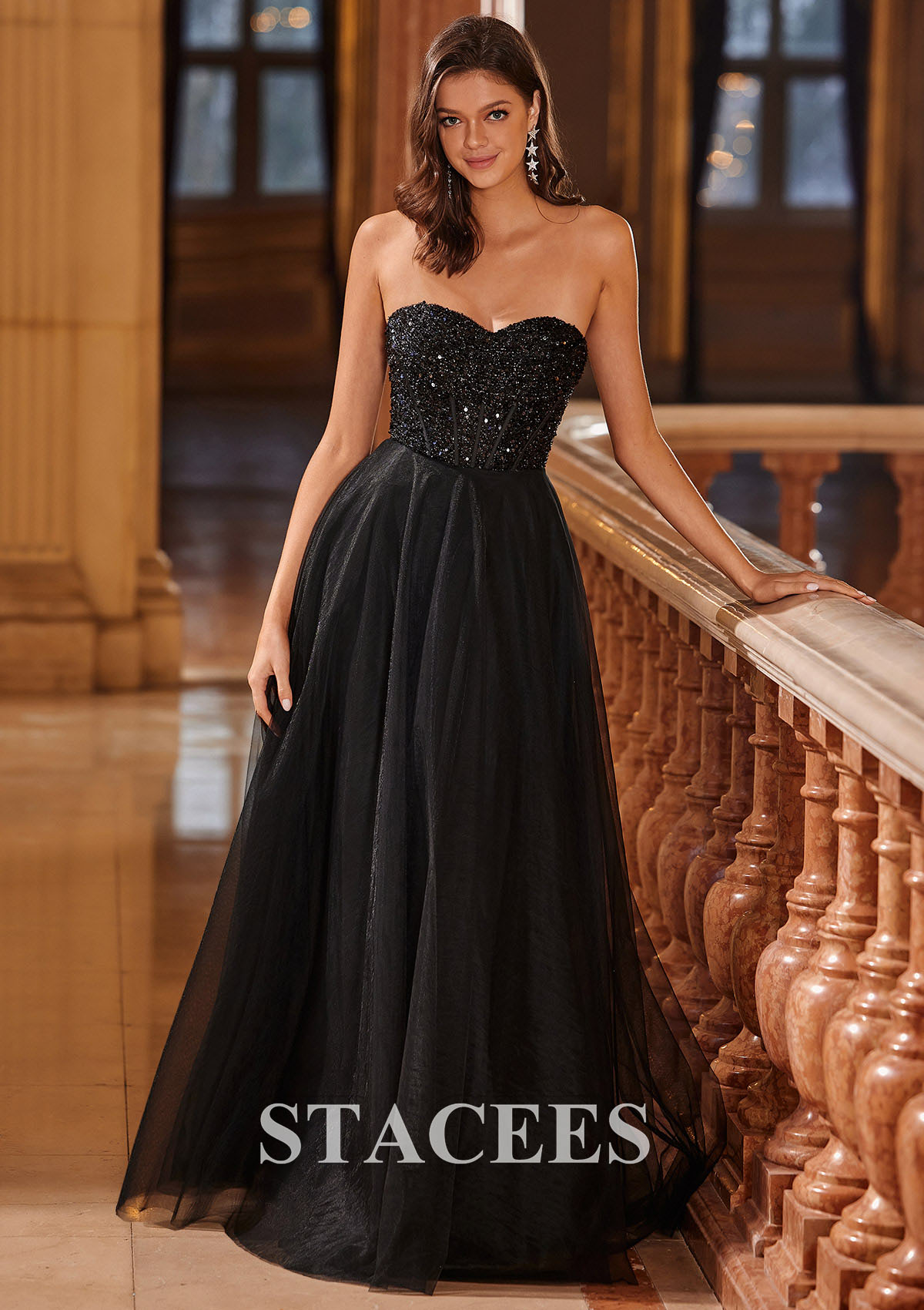 Black A-line Sweetheart Tulle Floor-Length Prom Dress with Sequins - STACEES