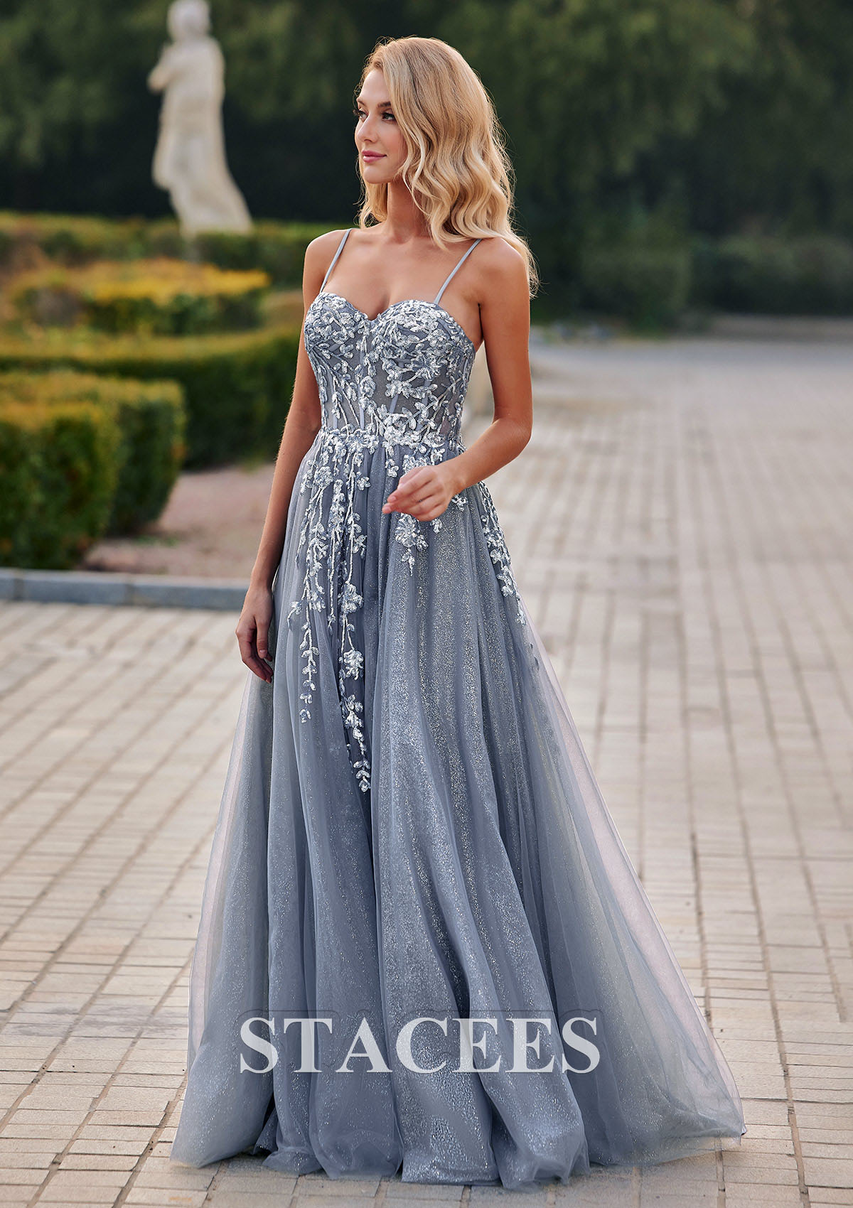 Dusty Blue A-line Sweetheart Tulle Sweep Train Prom Dress with Appliqued Sequins Split Glitter - STACEES