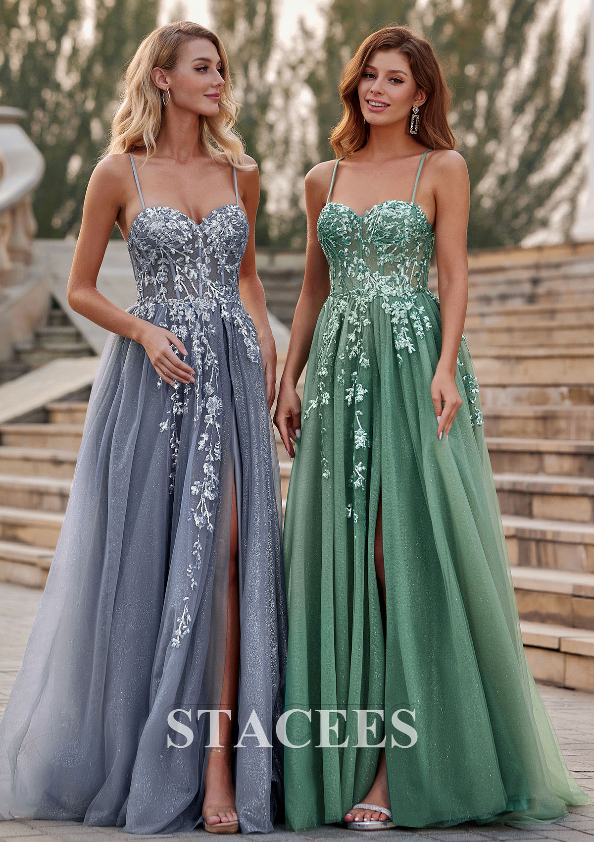 Dusty Blue A-line Sweetheart Tulle Sweep Train Prom Dress with Appliqued Sequins Split Glitter - STACEES