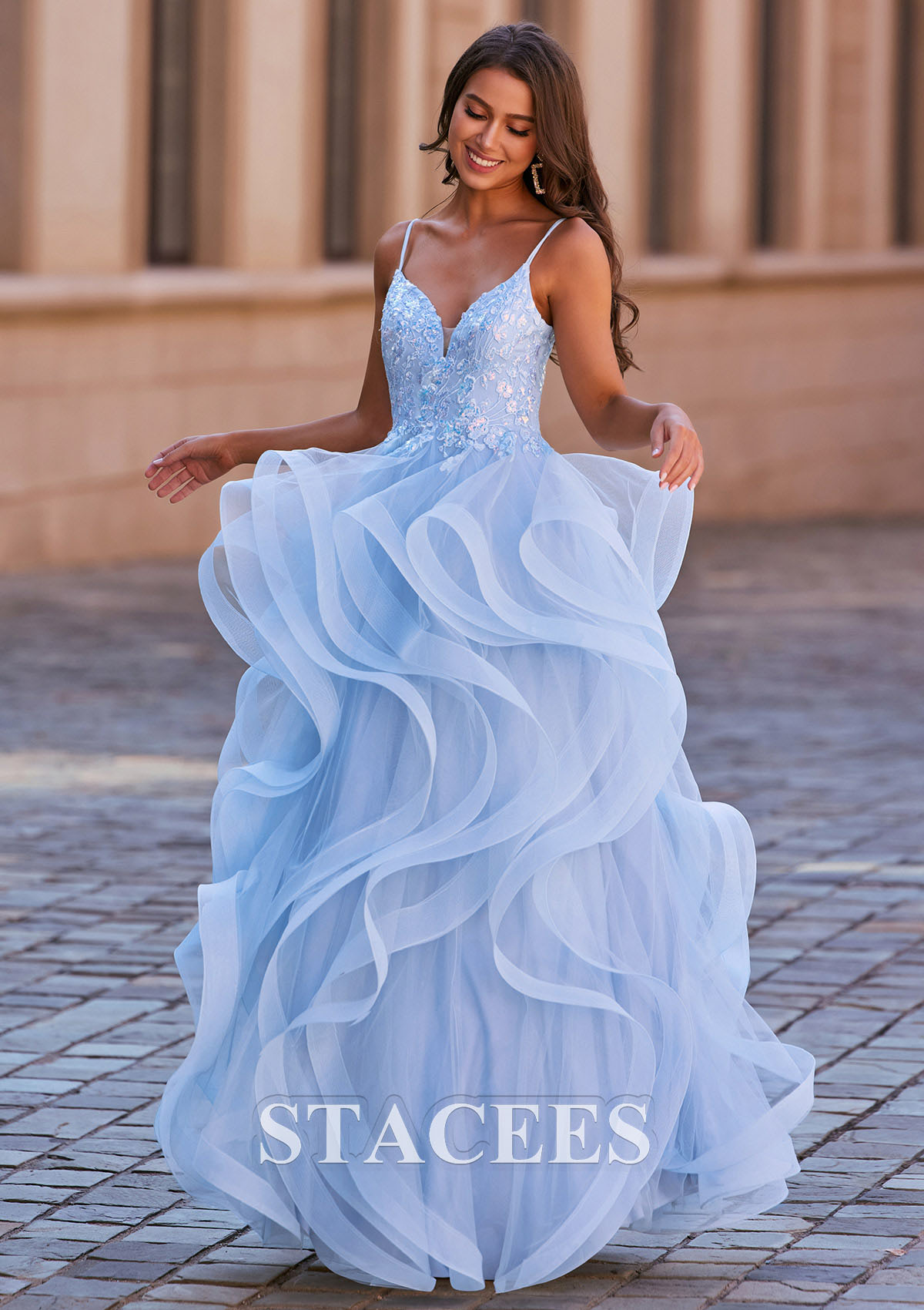 Sky Blue A-line Princess V Neck Tulle Floor-Length Prom Dress with Appliqued Ruffles Sequins - STACEES