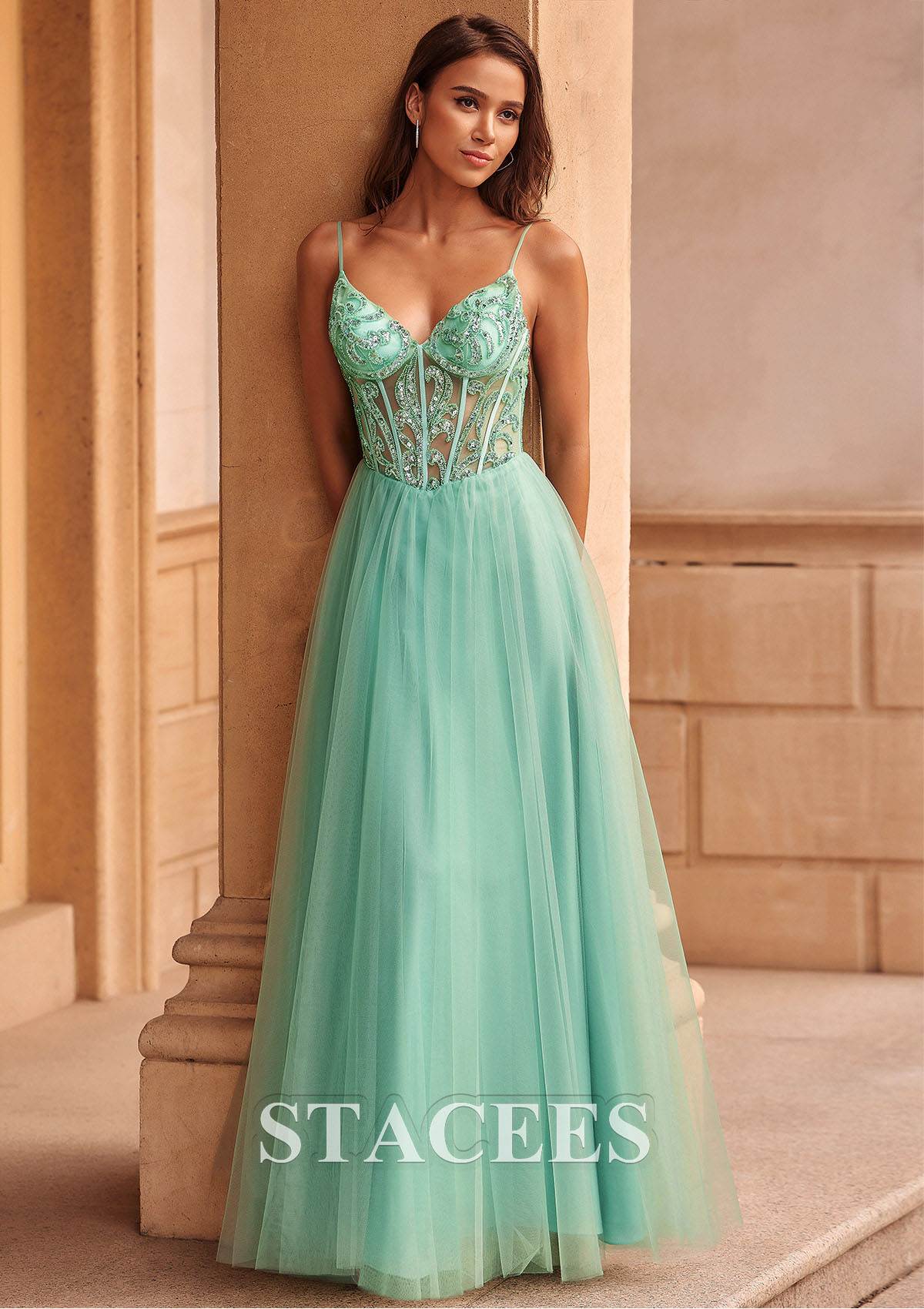 As picture A-line V Neck Tulle Floor-Length Prom Dress with Beading Sequins - STACEES