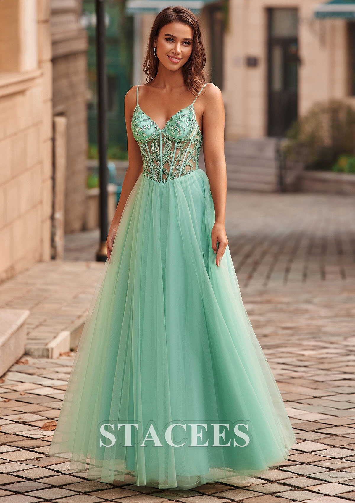 As picture A-line V Neck Tulle Floor-Length Prom Dress with Beading Sequins - STACEES