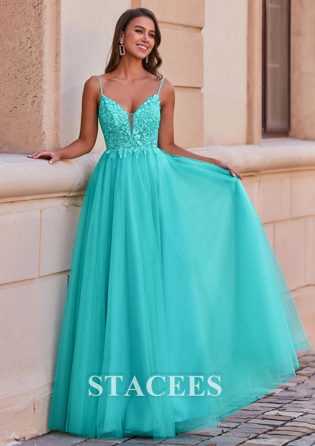 As Picture A-line V Neck Tulle Floor-Length Prom Dress with Appliqued - STACEES