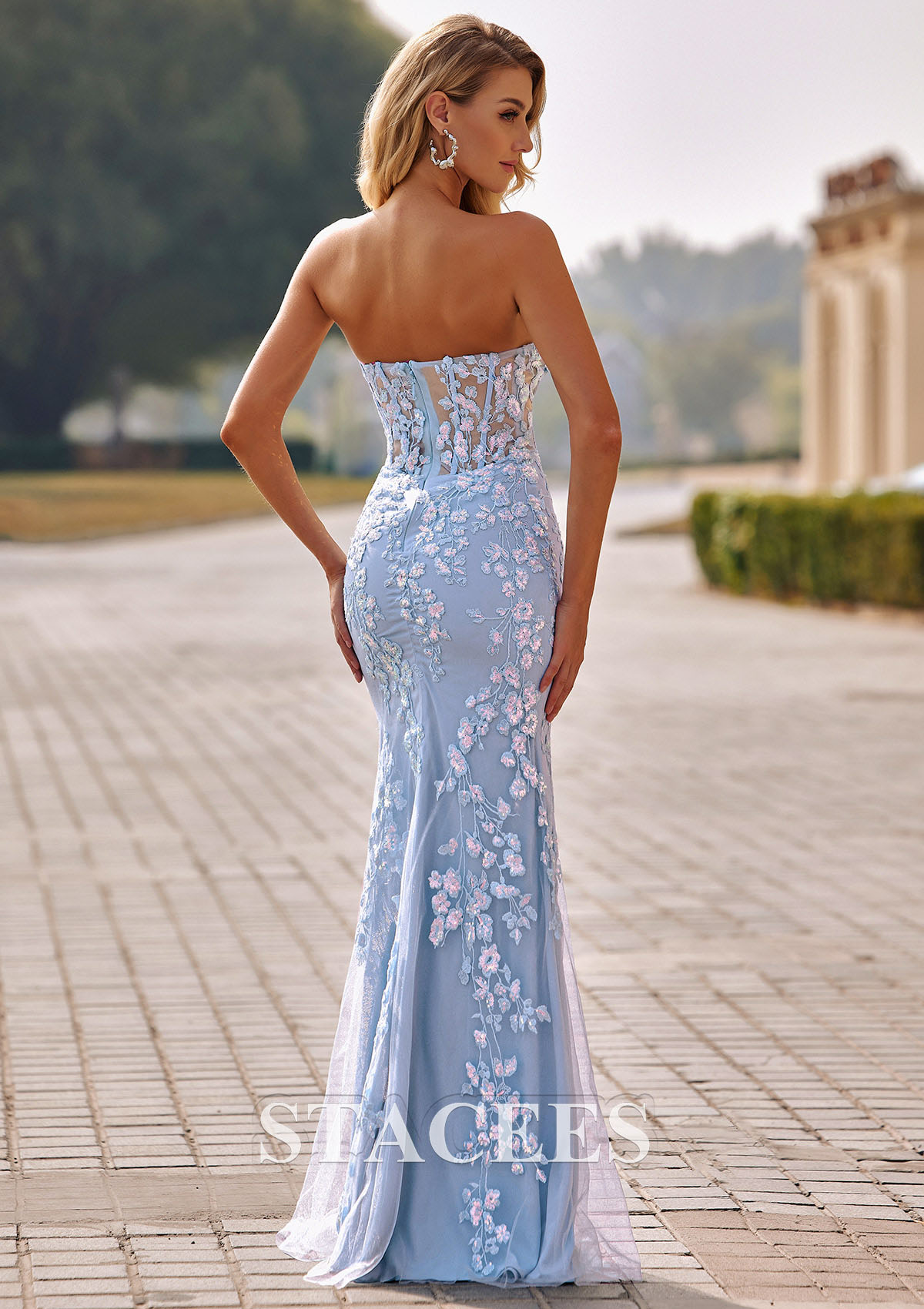 long corset prom dresses Long Glitter A-Line Prom Dress with Corset Bahama Blue / 14
