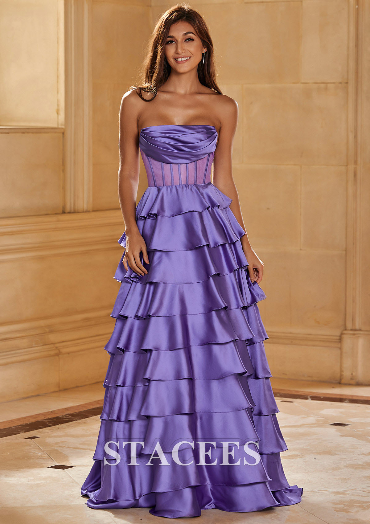 Lavender A-line Strapless Cowl Neck Sheer Corset Tiered Prom Dress with Ruffles 