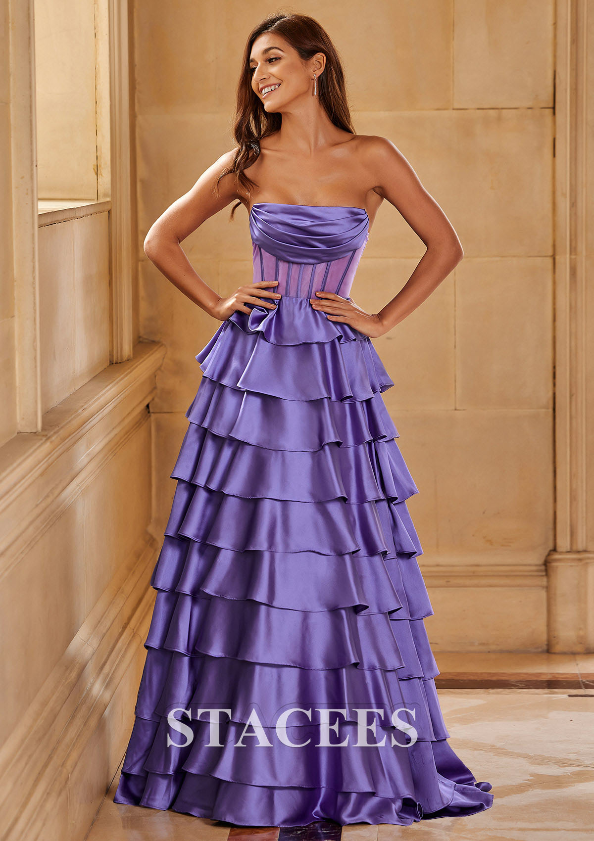 Lavender A-line Strapless Cowl Neck Sheer Corset Tiered Prom Dress with Ruffles 