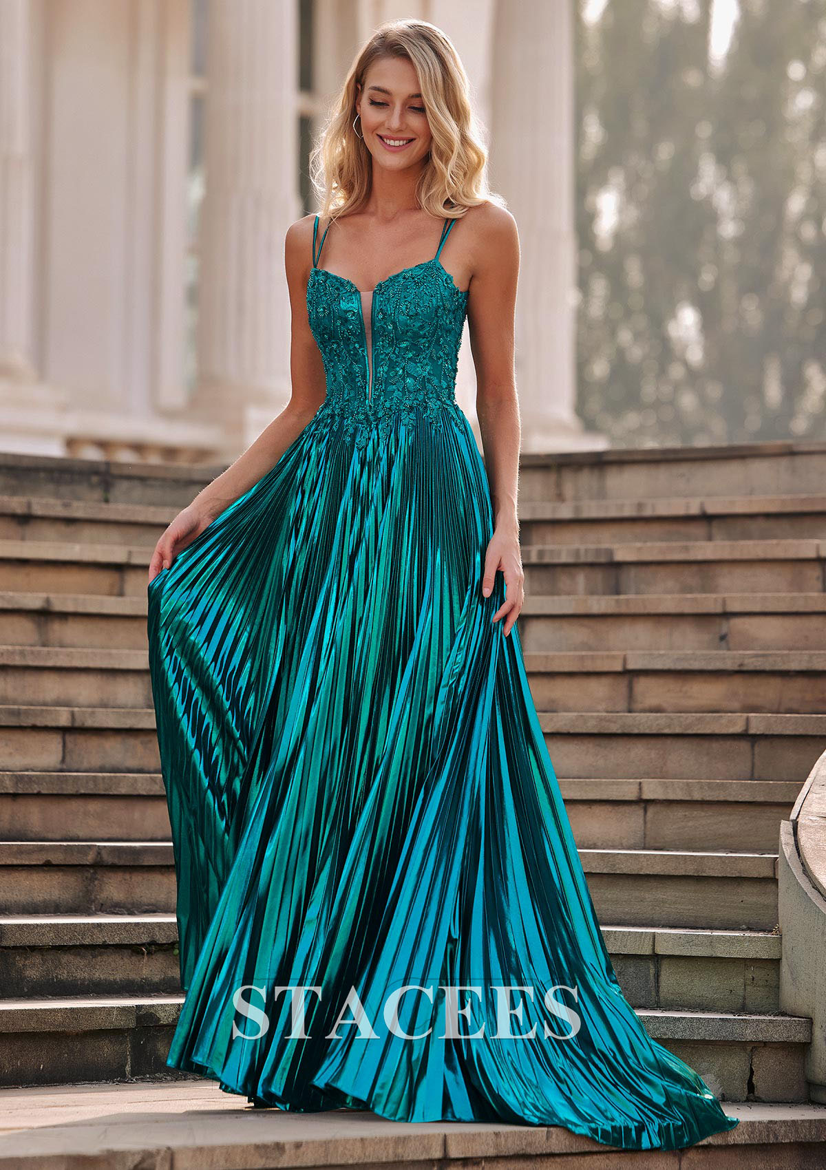 metallic slit dress Metallic Gown with Rhinestone Accents and Slit 48971
