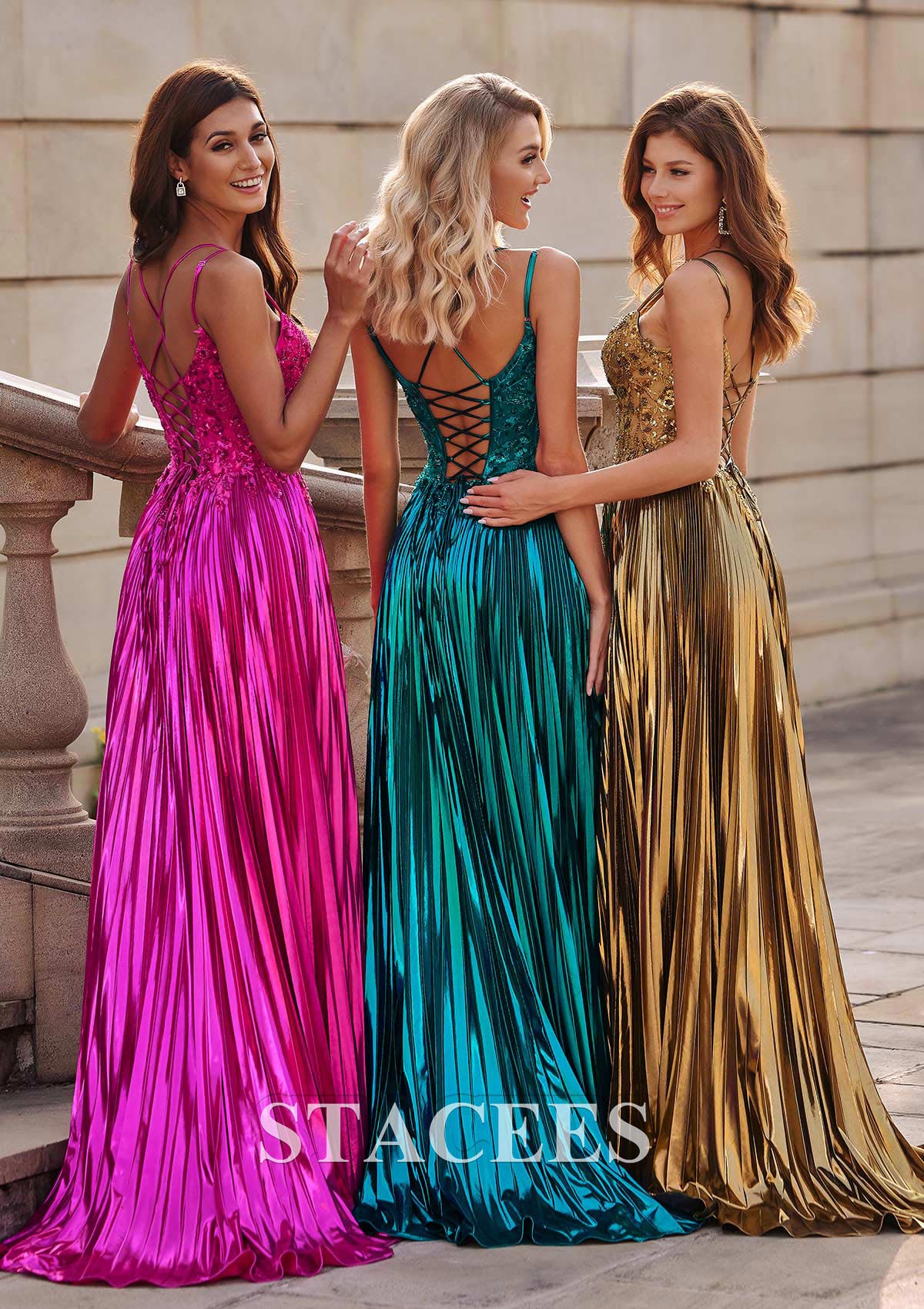 Gold A-line Shine Pleated Metallic Slit Sweep Train Prom Dress with Plugging V-neck - STACEES
