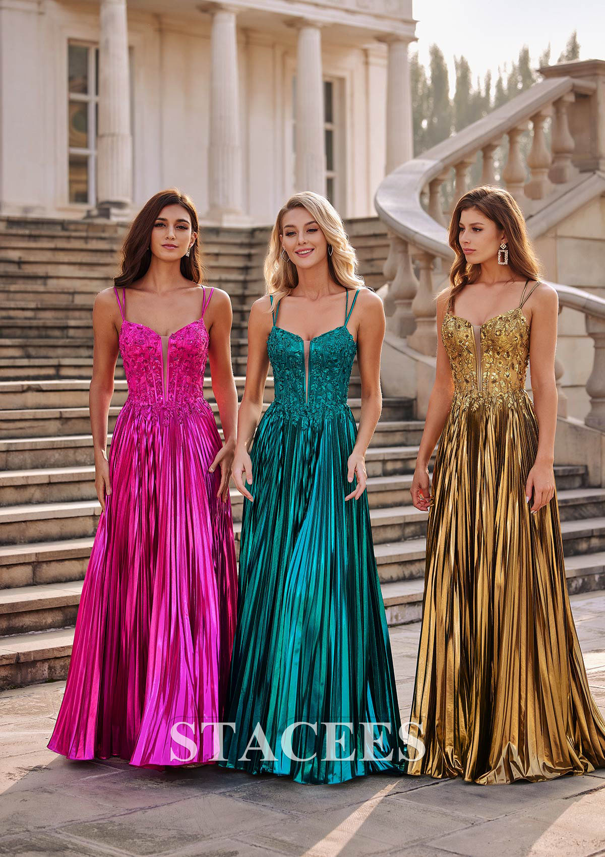 Gold A-line Shine Pleated Metallic Slit Sweep Train Prom Dress with Plugging V-neck - STACEES