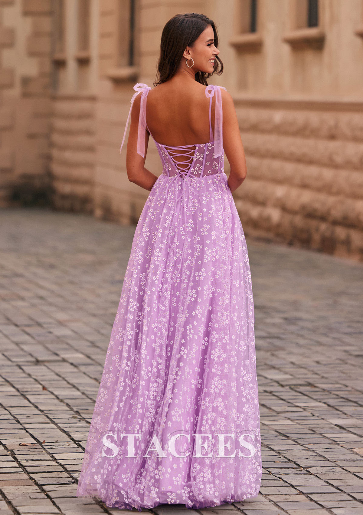 Lilac A-line Floral Printed Sheer Corset Slit Long Prom Dress With Adjustable Straps