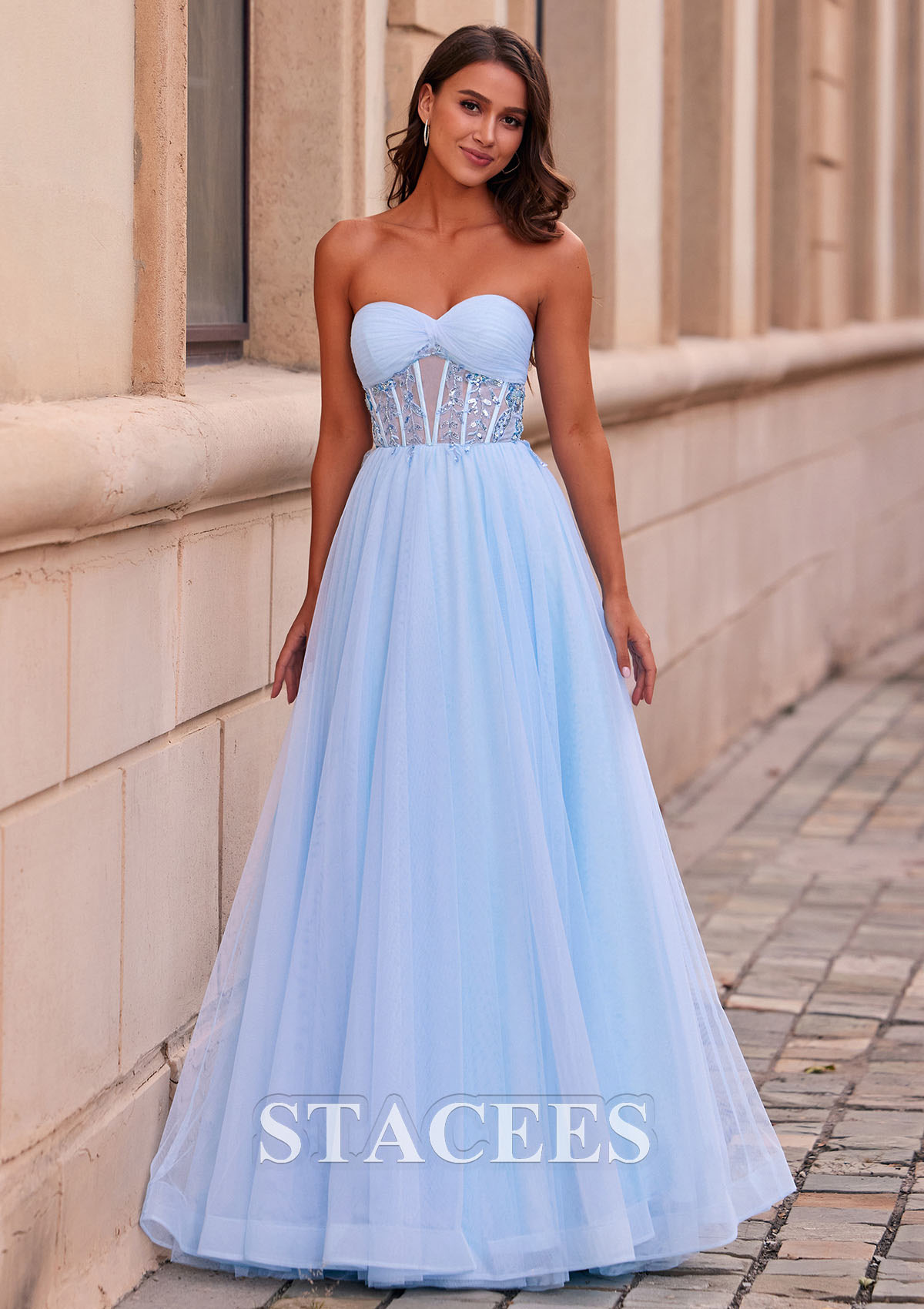 Sky Blue Vestido línea a cuello de corazón tul hasta el suelo vestido de graduación - STACEES