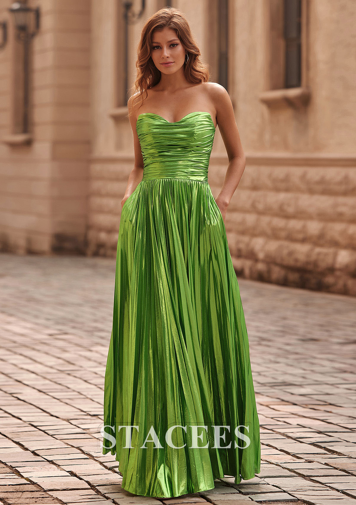 Verde Lima Vestido línea a cuello de corazón metálico hasta el suelo vestido de graduación - STACEES
