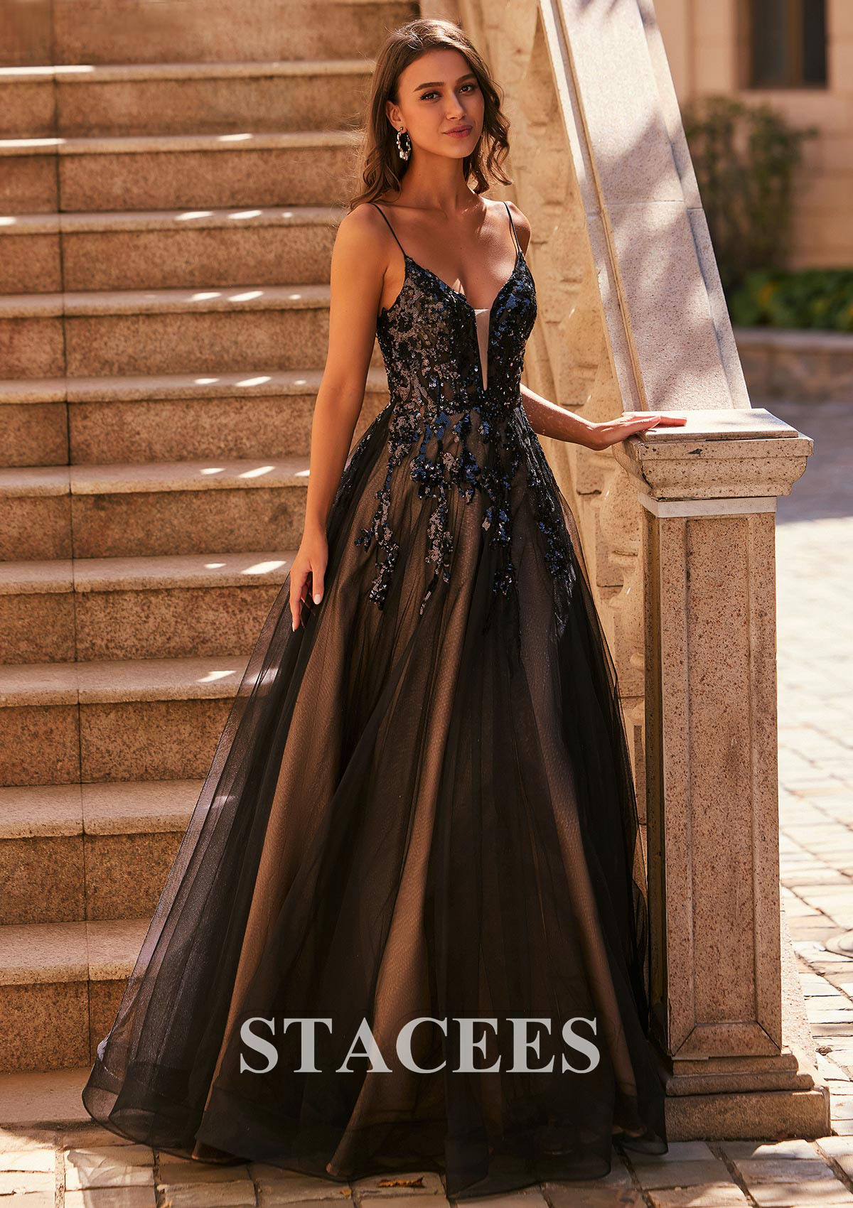 Black A-line V Neck Tulle Floor-Length Prom Dress with Sequins - STACEES