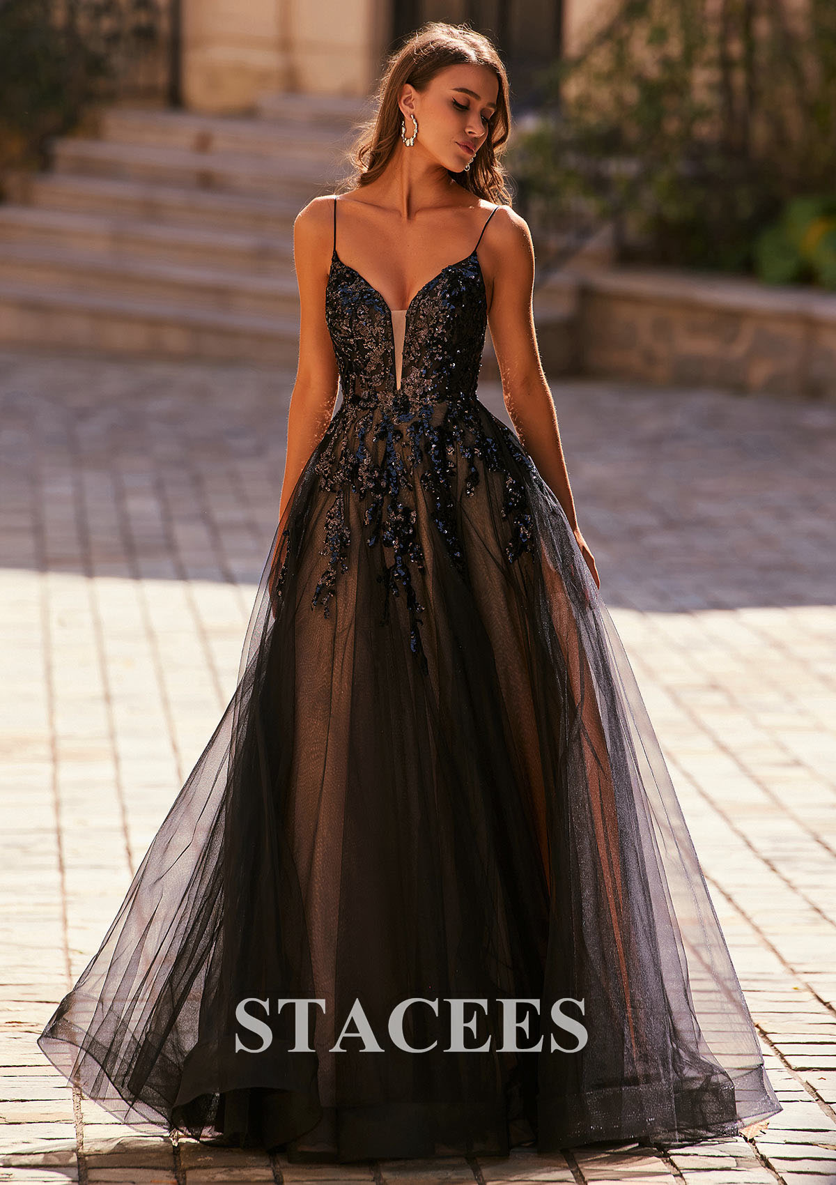 Black A-line V Neck Tulle Floor-Length Prom Dress with Sequins - STACEES