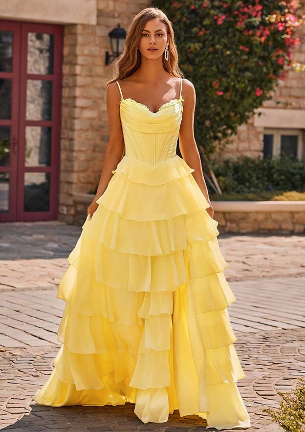 A-line Cowl Neck Chiffon Satin Layered Ruffle Prom Dress with Applique Slit