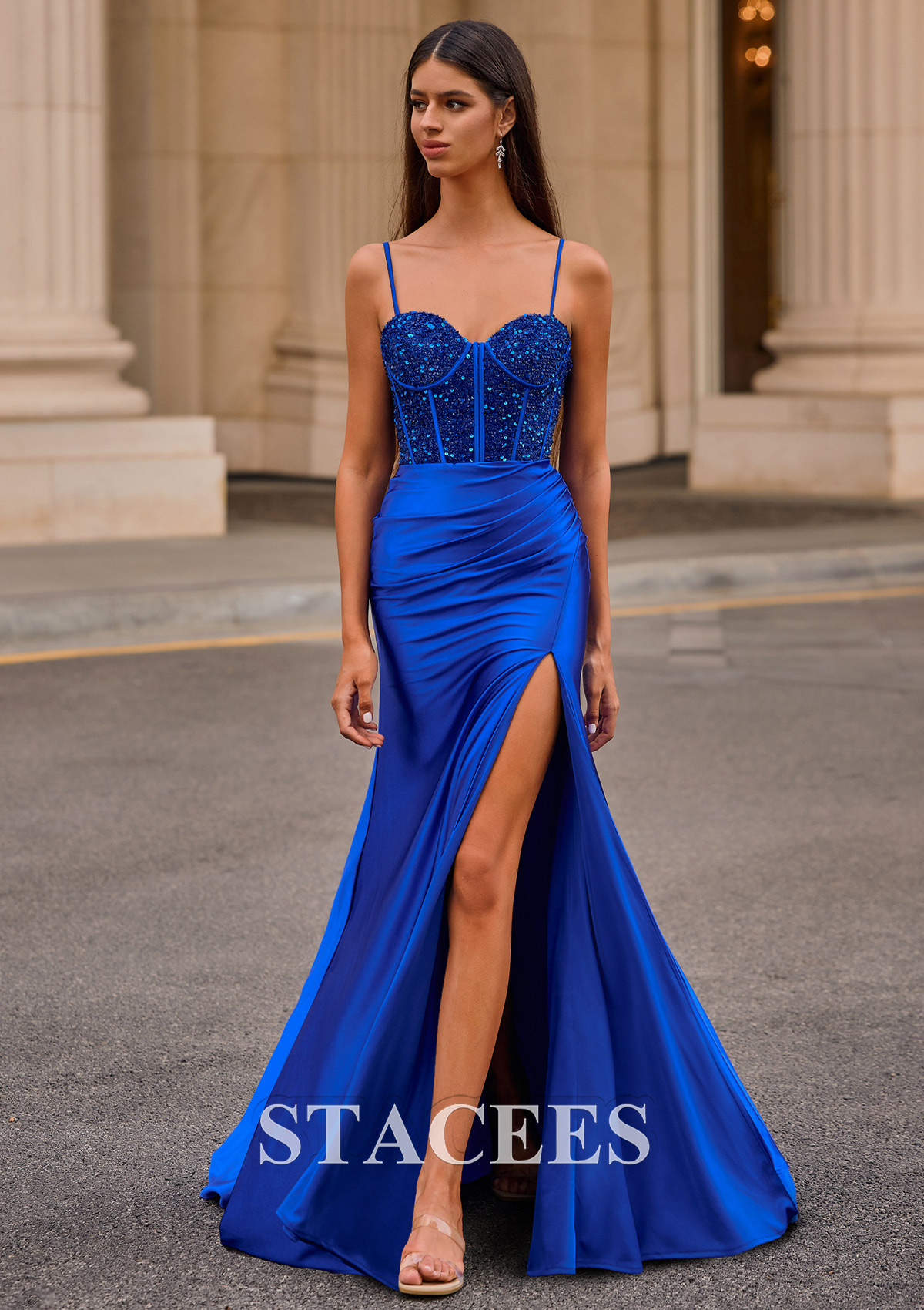 Bleu Royal Fourreau cache coeur soie comme du satin traîne balayage robe de bal - STACEES