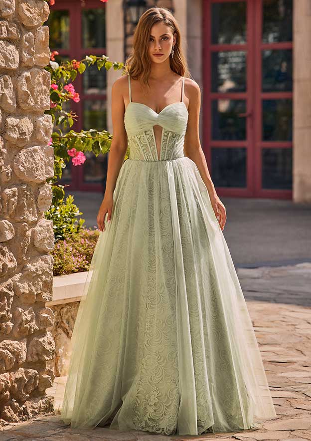 Stacees A-line Lace Tulle Pleated Prom Dress with Cutout Corset
