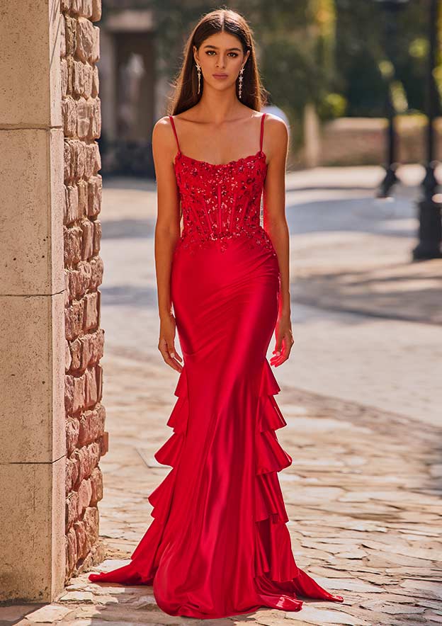 Mermaid Scoop Neck Silk like Satin Prom Dress with Beaded Corset and Tiered Ruffle Train