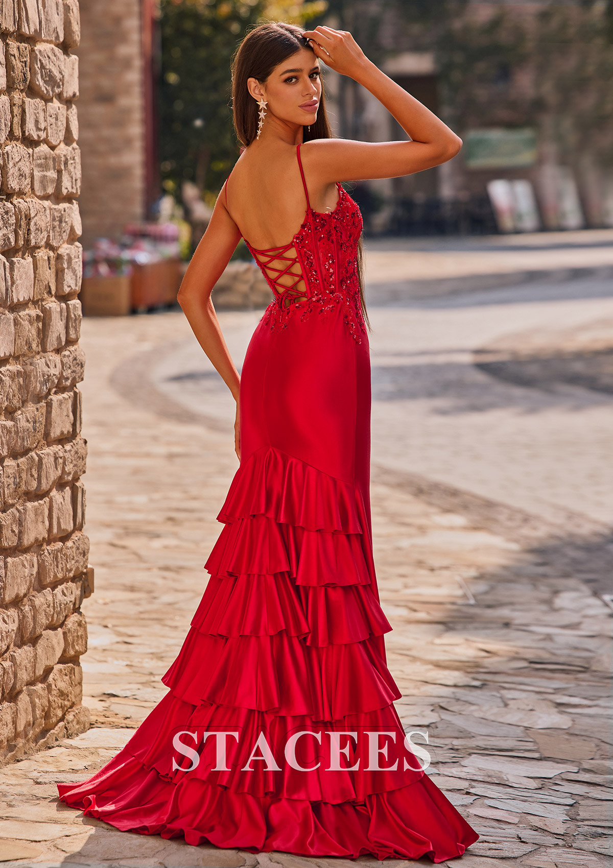 mermaid dress ruffle bottom Satin And Chiffon Bodycon Mermaid Dress With Tiered Ruffle Skirt