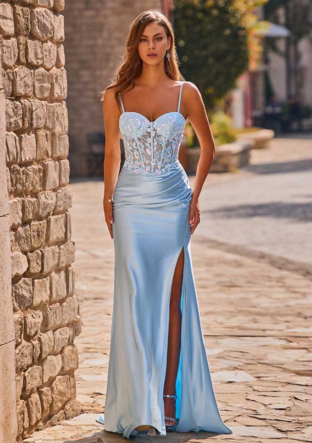 Sheath/Column Sweetheart Silk like Satin Sweep Train Prom Dress with Appliqued Pleated Sequins Split