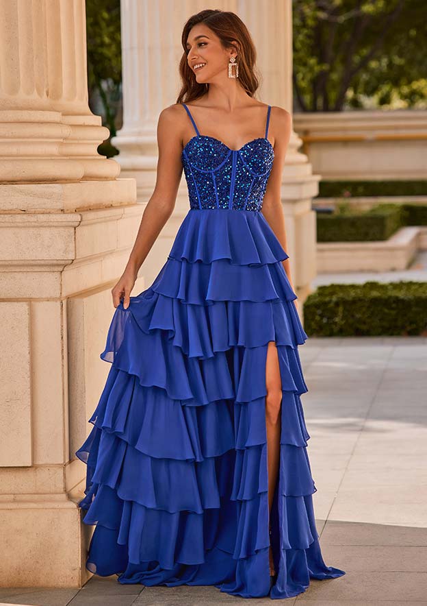 A-line Sweetheart Chiffon Sweep Train Prom Dress with Ruffles Sequins Split