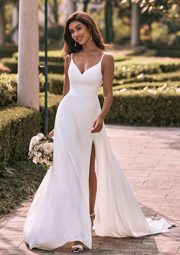 a line v neck chiffon dress Stacees Bridal Wedding Dress A-line V Neck Chiffon Court Train Lace Split