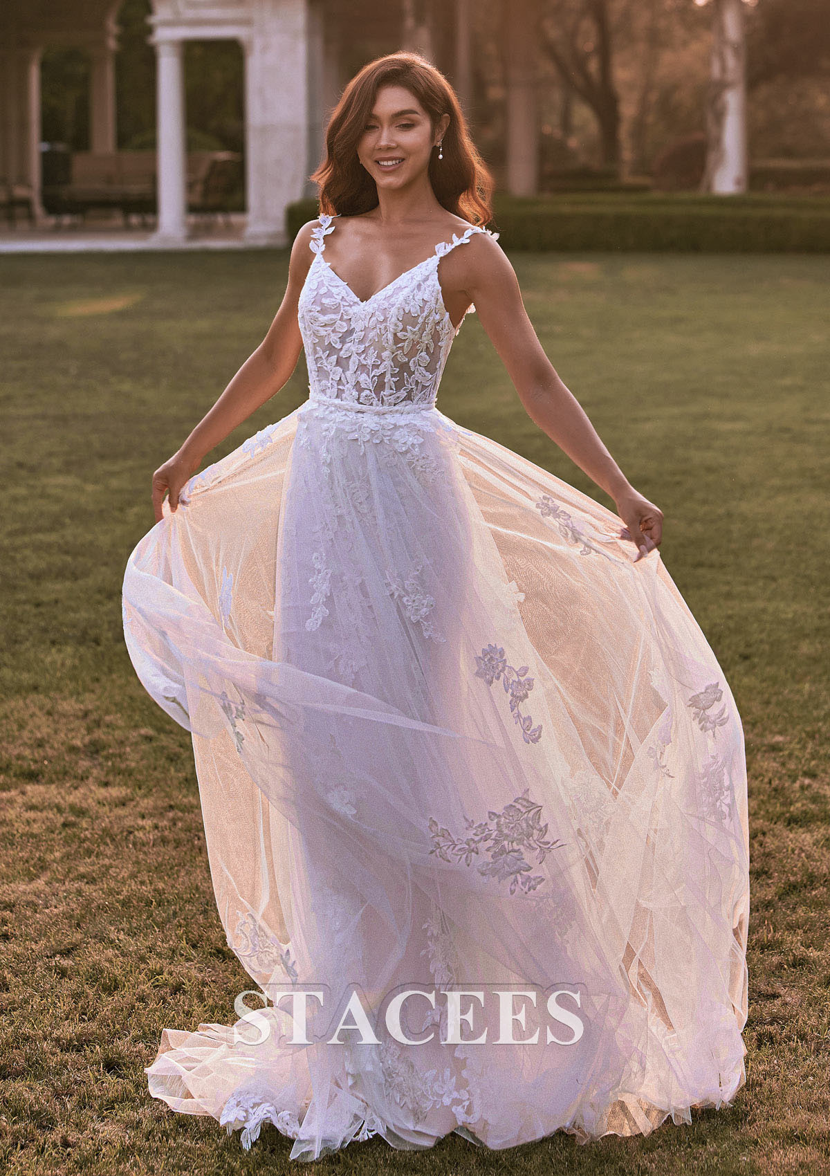 Ivory Romantic Lace Bridal Gown with Flowing Detachable Train