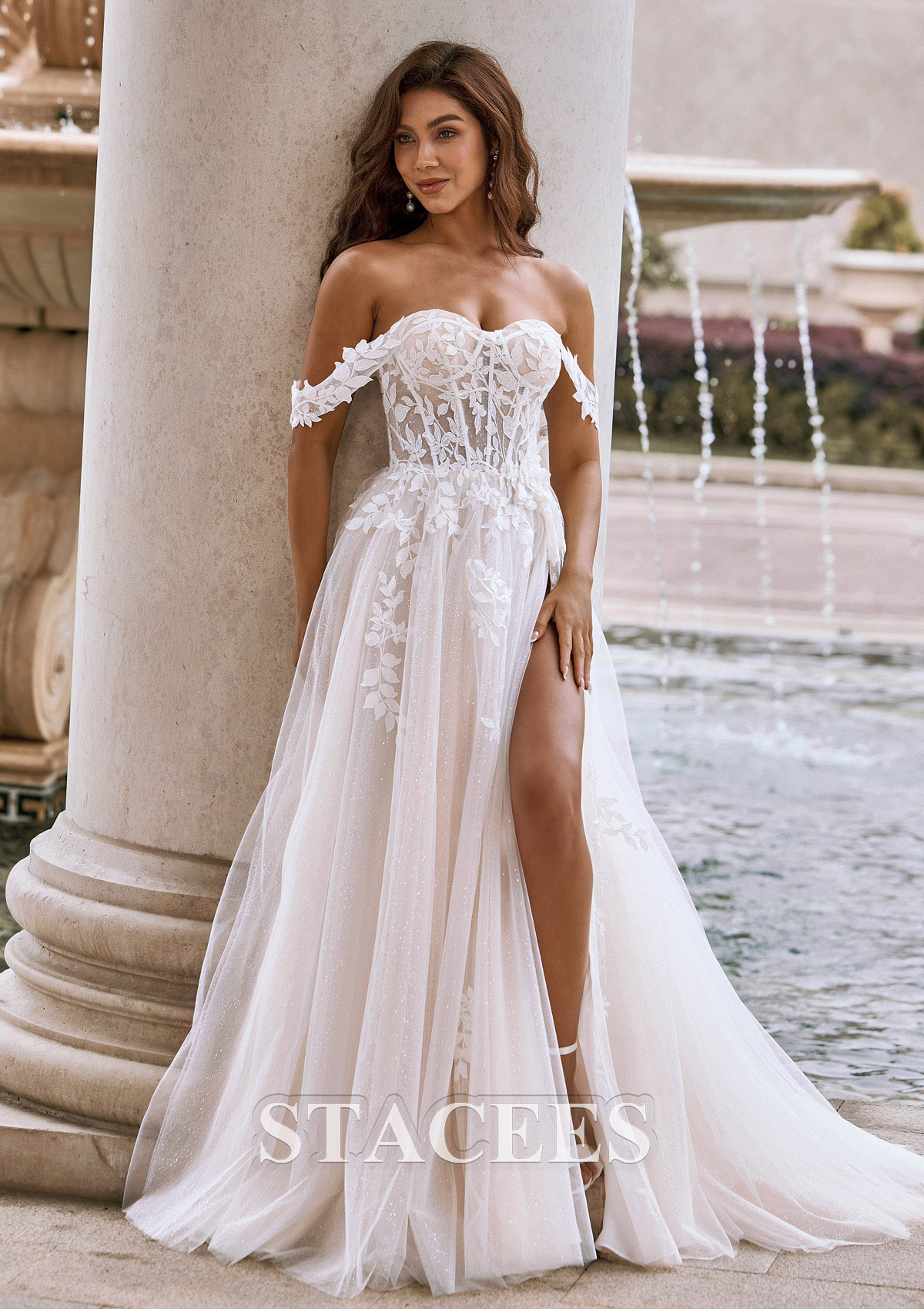 Ivoire Trapèze épaule dénudée tulle traîne balayage robe de mariée  - STACEES