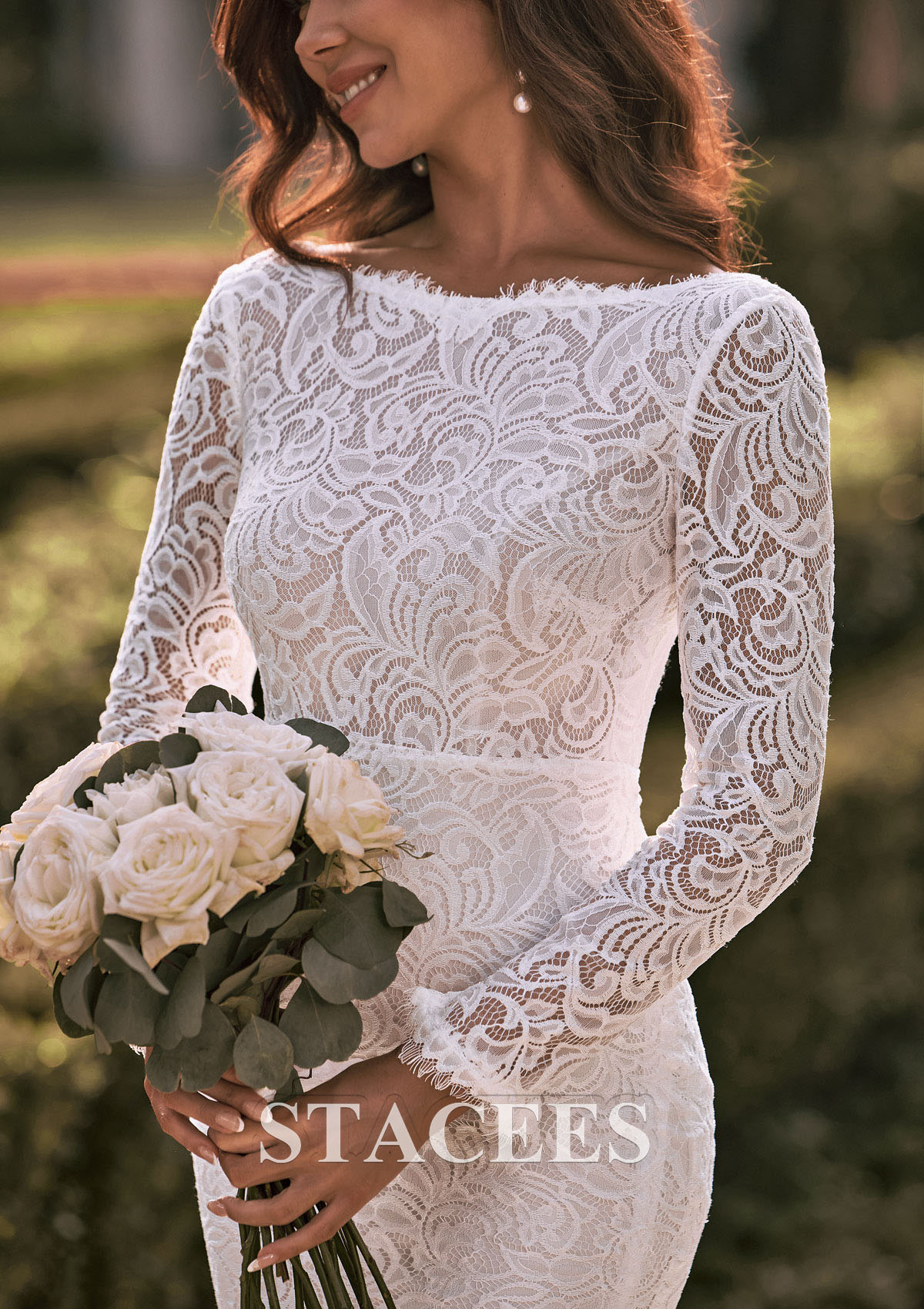 long sleeve lace trumpet dress Trumpet Wedding Dress with Long Lace Sleeves  V-Neck Bridal Gown with Rhinestones and Sheer Floral Waist Plus Size Size 8