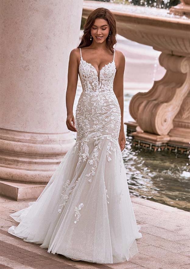 trumpet a line wedding dress Stacees Bridal Wedding Dress Trumpet/Mermaid V Neck Elastic Satin Chapel Train Split