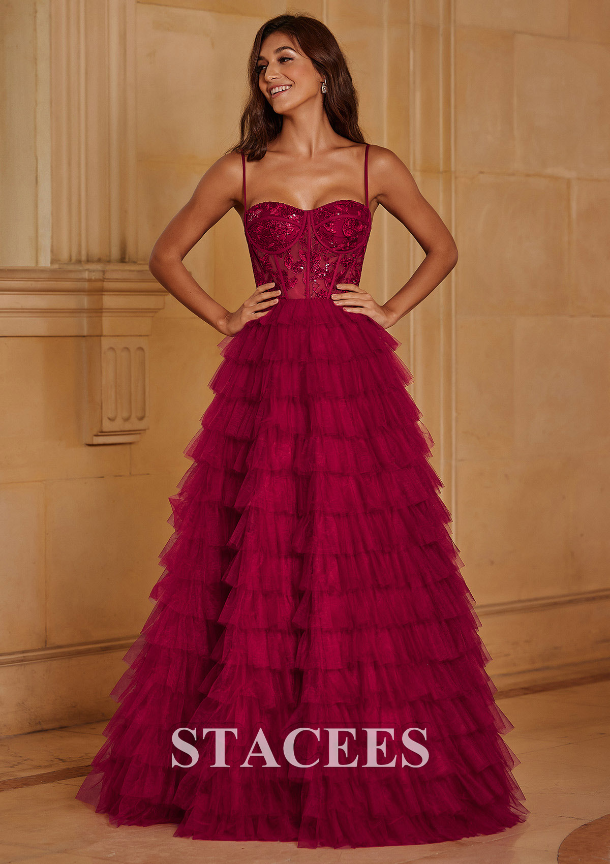 Burgundy Ball Gown Sequined Lace Bodice Ruffled Tiered Floor-Length Prom Dress - STACEES