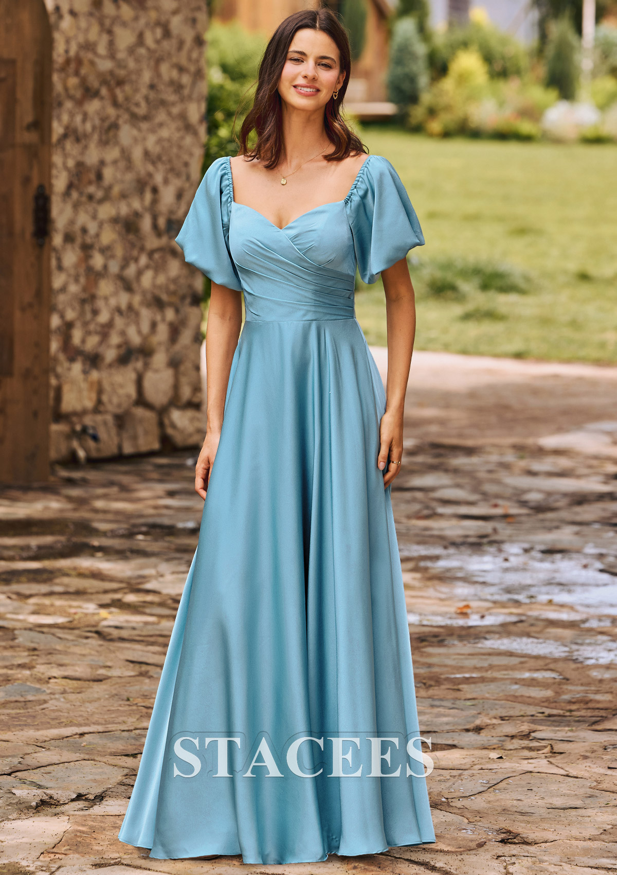 a line blue bridesmaid dress Elegant Grey Blue A-Line Bridesmaid Dress with Flutter Sleeve - Blue Designer Bridesmaids Dresses with V-Neck - Multiple Color
