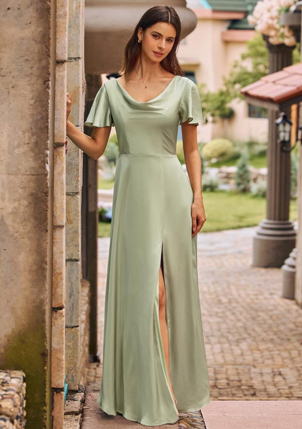 satin cowl neck dress with sleeves A-line Cowl Neck Short Sleeve Stretch Satin Floor-Length Bridesmaid Dress  with Slit S6041B - Bridesmaid Dresses