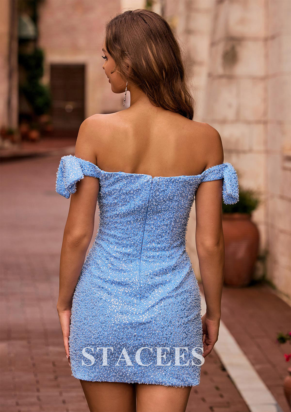 Sky Blue Bows Off-the-Shoulder Sequin Slit Mini Homecoming Dress - STACEES