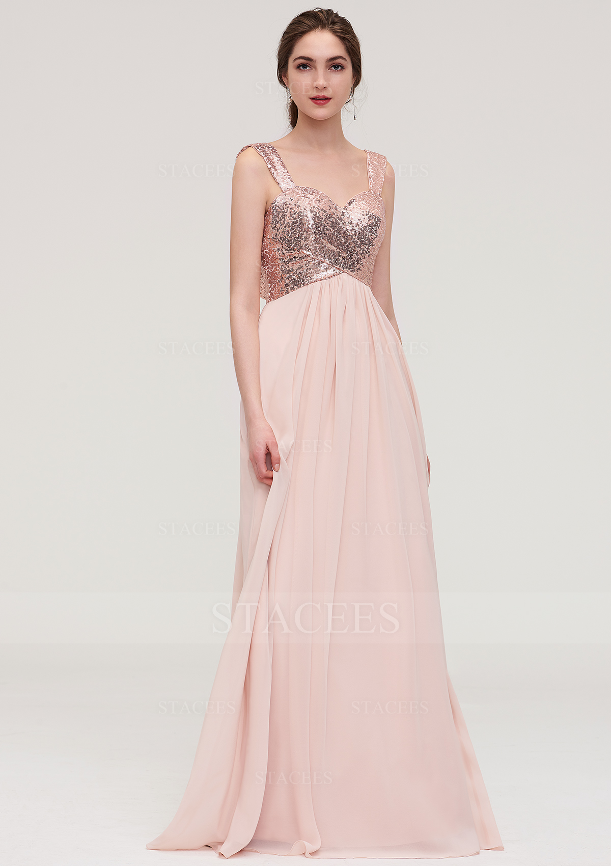 Pearl Pink Chiffon Bridesmaid Dress A-line/Princess Sweetheart Sleeveless Long/Floor-Length With Pleated Sequins - STACEES