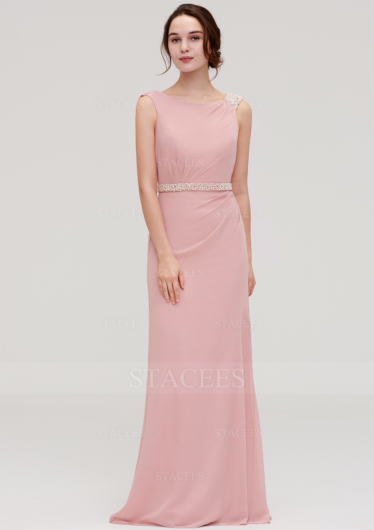 Sheath/Column Bateau Sleeveless Long/Floor-Length Chiffon Bridesmaid Dress With Waistband Beading