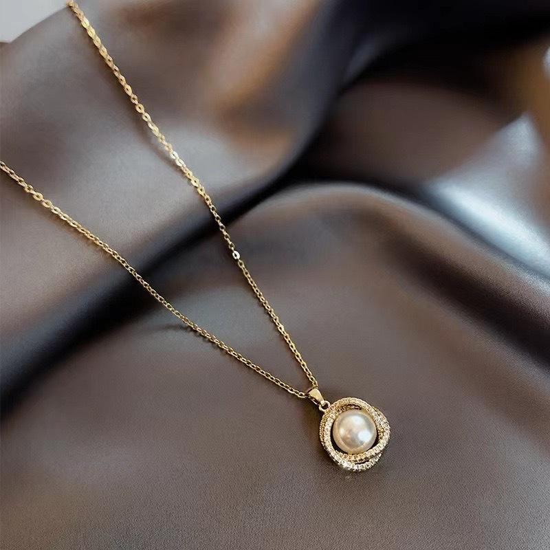Dorado Collar encantador de acero inoxidable con perla y zirconio cúbico para mujer - STACEES