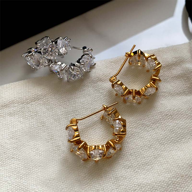 Gold Attractive Gorgeous Female Circular Metal Earrings with Zircon - STACEES
