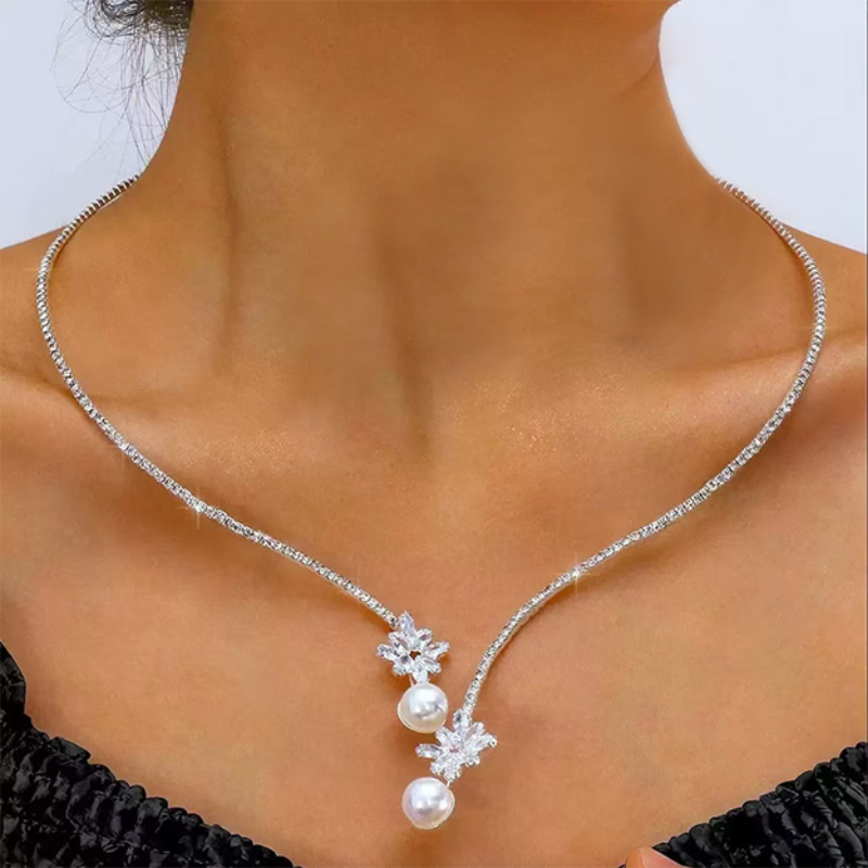 Étincelant élégant alliage colliers avec zircone cubique perles d'imitation